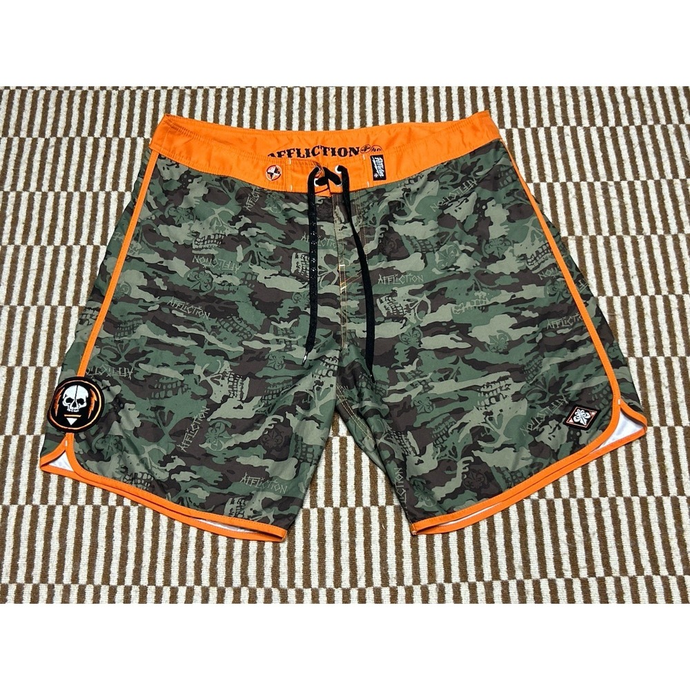 Affliction Board Shorts Mens 40 Green Camo Skull Orange Swim Trunks Y2K